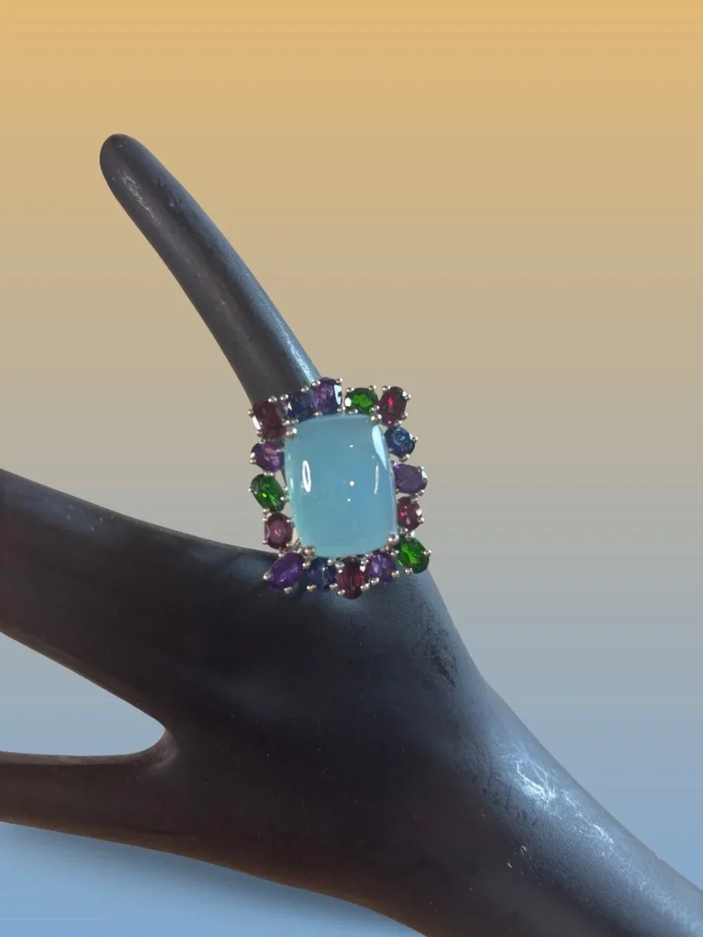 Multicolor Gemstone Sterling Silver Chalcedony Aqua Center Stone Statement Ring